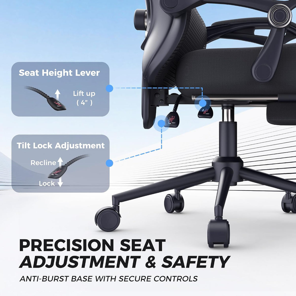 CYKOV Ergonomic Office Chair with Footrest, Reclining Mesh Back, 350 Lbs (Ink Black)