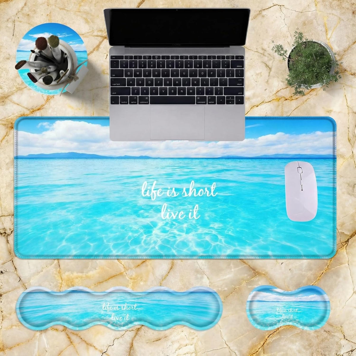 Large Mouse Pad Set,Extended Mouse Pad+Keyboard Wrist Rest Support Desk Pad Memory Foam Ergonomic Easy Typing,31.5×11.8 in Desk Mat Set for Home Office,Beach Life Inspirational