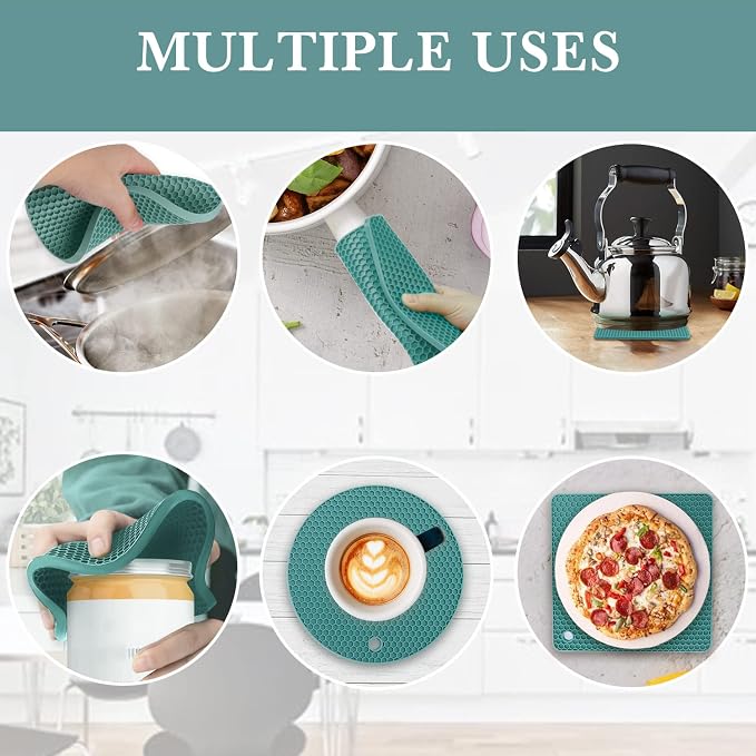 4 Pack Silicone Trivets for Hot Dishes, Dark Green Silicone Hot Pads Trivet for