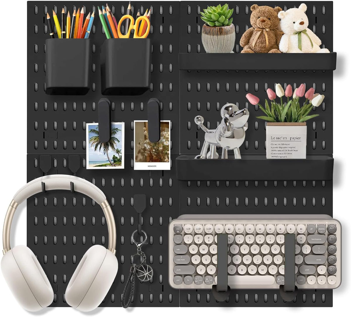 Pegboard Wall Organizer Set – 4 Peg Boards with Hooks & Shelves – Office, Kitchen, Gaming Room Desk Pegboard Storage – Peg Board Wall Display Rack (Black)
