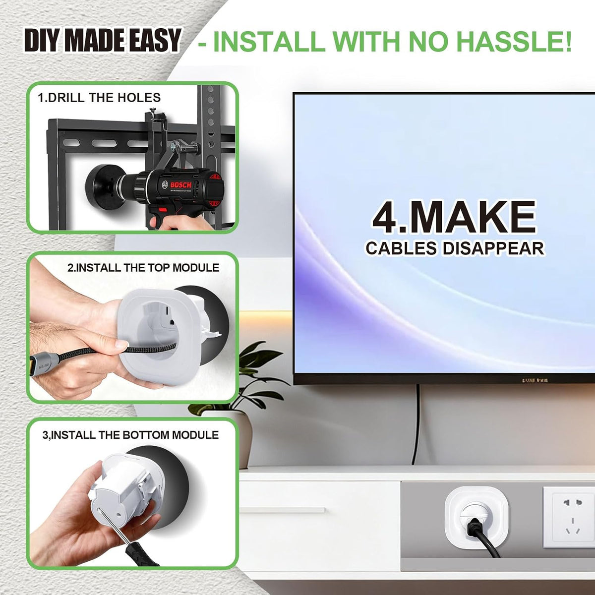 in-Wall Cable Management Kit, Wire Manager for Power and Low Voltage Cables, Tv Cord Hider for Wall-Mounted Tvs, Tv Cable Concealment Kit with Hole Saw Drill Bit Attachment