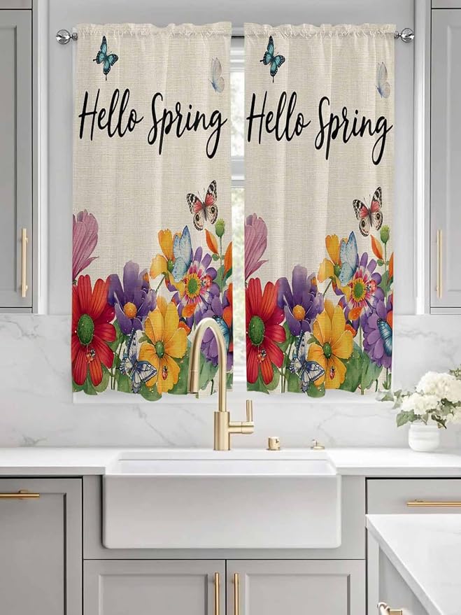 Spring Flowers Living Room Curtains 72 Inches length, Farmhouse Vintage Country