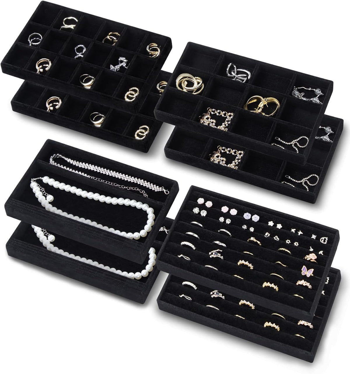 Velvet Jewelry Trays,Jewelry Organizer Trays for Drawer,Set of 8,Black