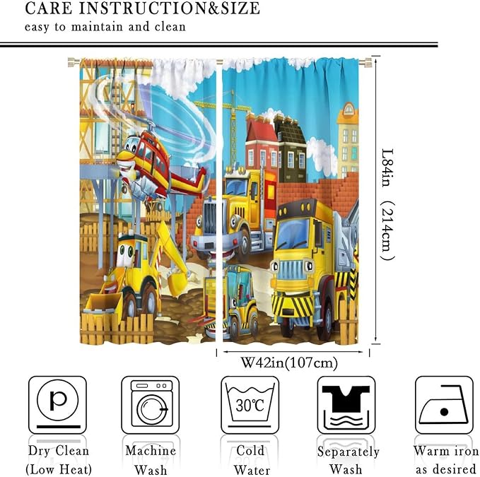 Kids Cartoon Construction Window Curtains, Funny Construction Site Cars and