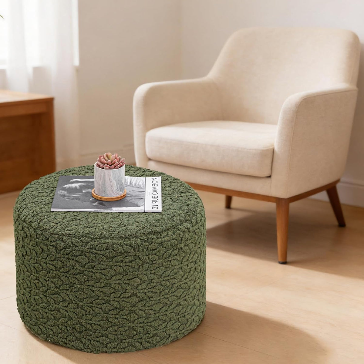 Poofieotto Round Pouf Ottoman, Couch Footrest,Forest Green, 20 x 20 x 14 in