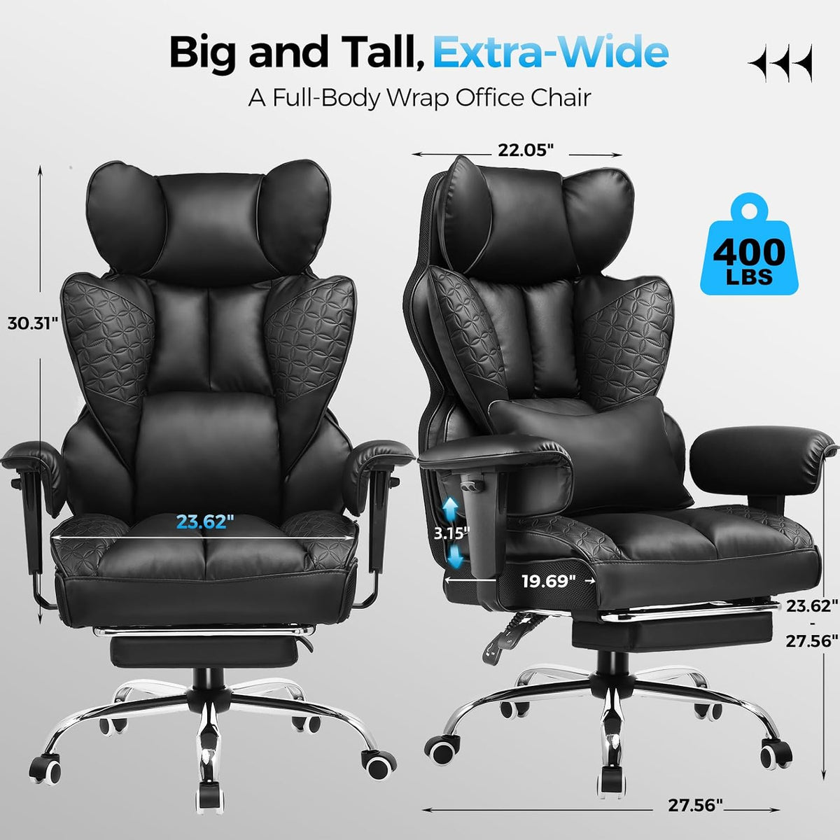 COMHOMA Big and Tall Office Chair Heavy Duty Wide Ergonomic Gaming Chair with Deluxe Embossing Leather with Foot Rest 145°Reclining Adjustable Armrests Pocket Spring Back Support and Without Pillow