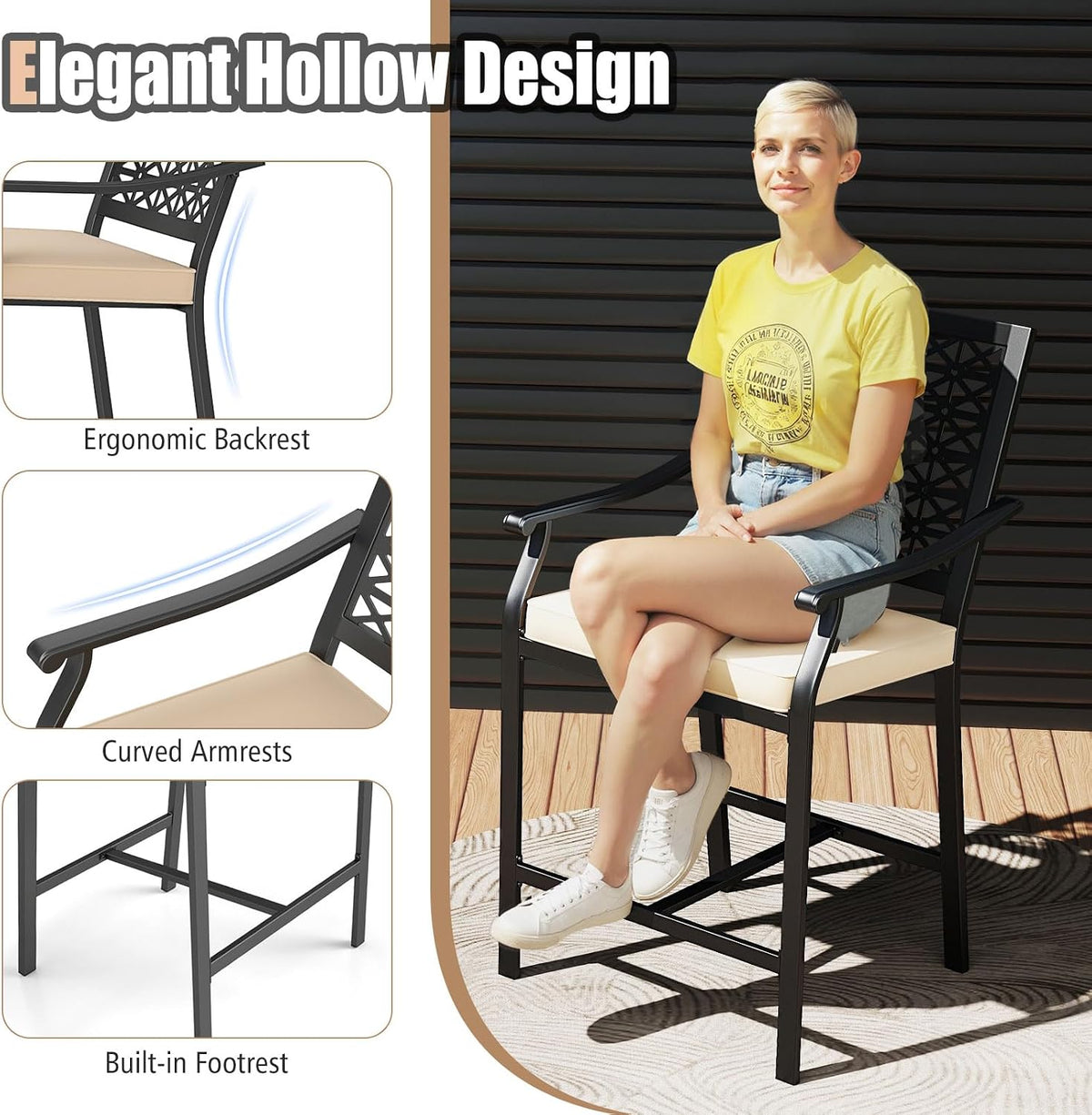 COSTWAY Set of 2 Outdoor Bar Stools, 25" Metal Patio Chairs w/Cushions
