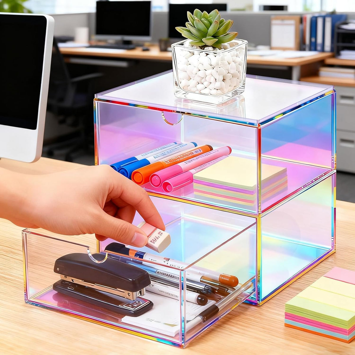 Acrylic Desk Organizer with Drawers Stackable Makeup Organizer for Vanity Office Countertop Cosmetic Display Cases Makeup Storage Box, Iridescent Rainbow