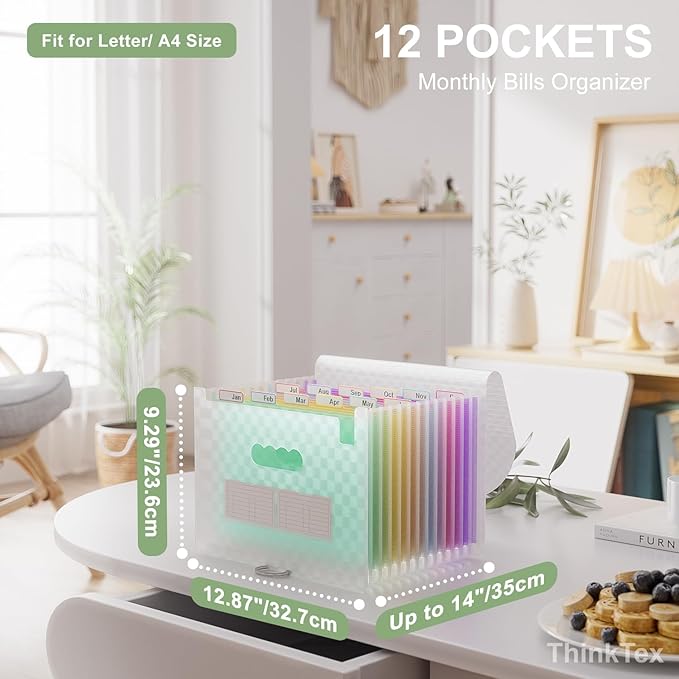 ThinkTex Accordion File Organizer, 12 - Pocket Expanding File Folders for Paper Receipts, Bills&Taxes Organizer, Letter/A4 Size Document Holder for School, Office, Home with Colorful tabs - Green