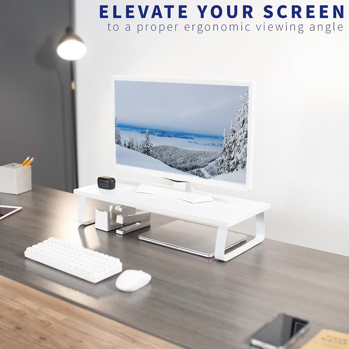 VIVO 24 inch Monitor Stand, Wood & Steel Desktop Riser, Screen, Keyboard, Laptop, Small TV Ergonomic Desk and Tabletop Organizer, White, STAND-V000D-W