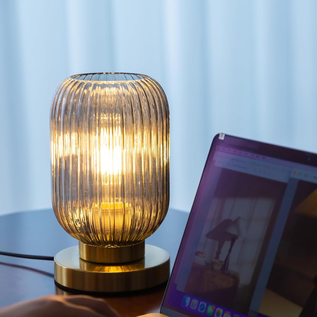 Modern Bedside Table Lamp, Smoky Gray Glass Table Lamp, Plug in