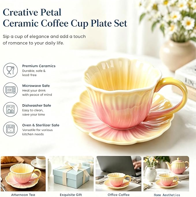 10 oz Tea Cups and Saucers, Flower-Shaped Ceramic Latte Art Cappuccino Cup and