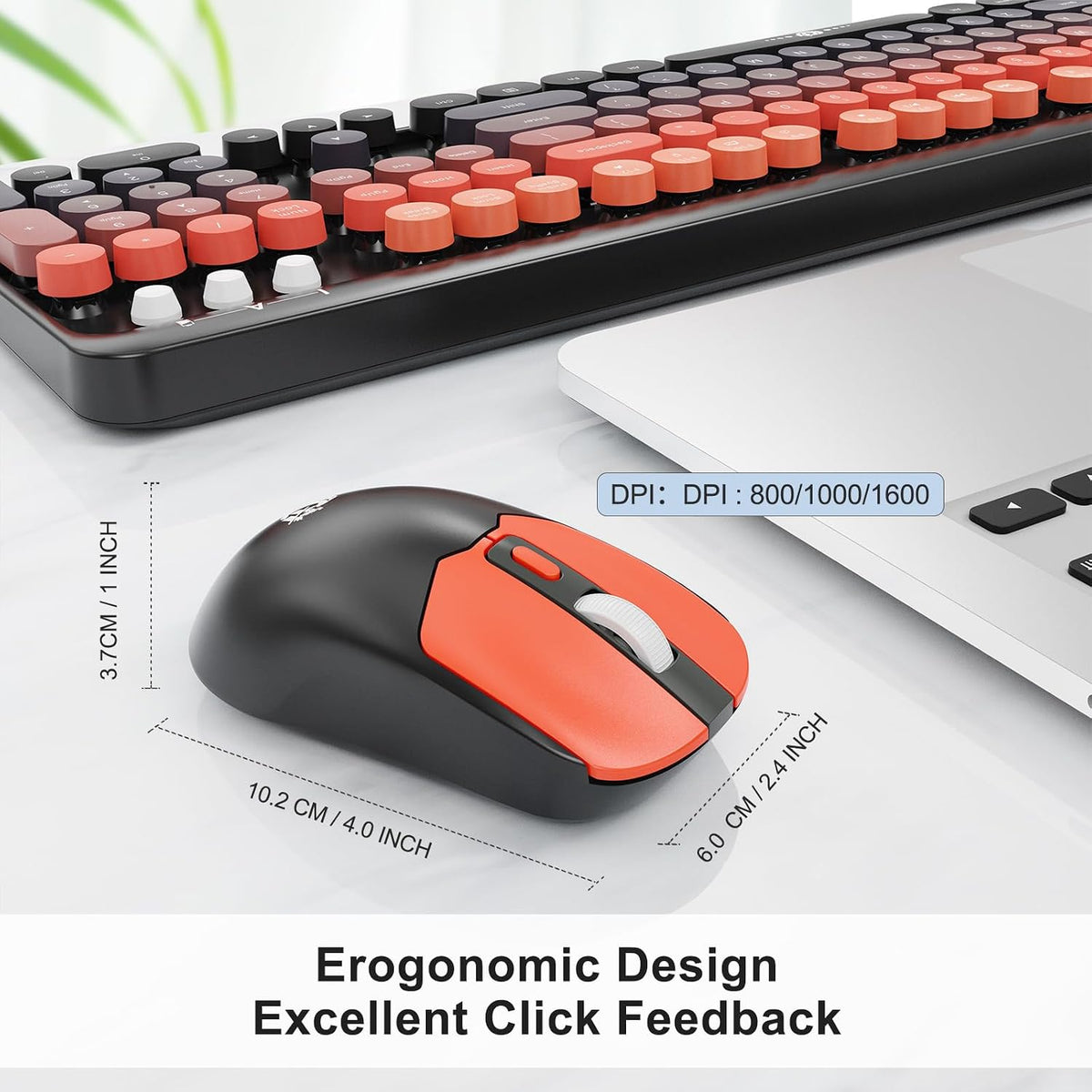 Wireless Keyboard and Mouse Combo,Retro Typewriter Style Round Keys,Orange