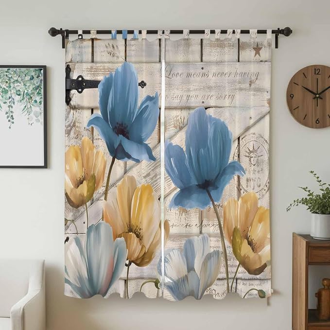 Blue Yellow Tulips Living Room Curtains 96 Inch Length, Window Curtains Tab Top