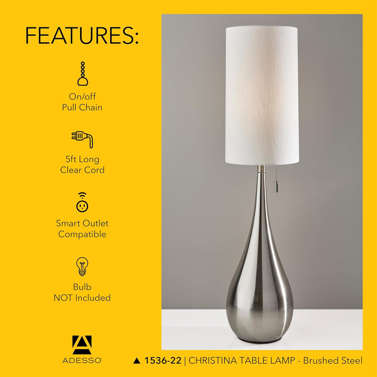 Adesso Brushed Steel Table Lamp with White Fabric Shade – Pull Chain Accent Light for Bedroom, Living Room, or Home Office, 34.5” Tall
