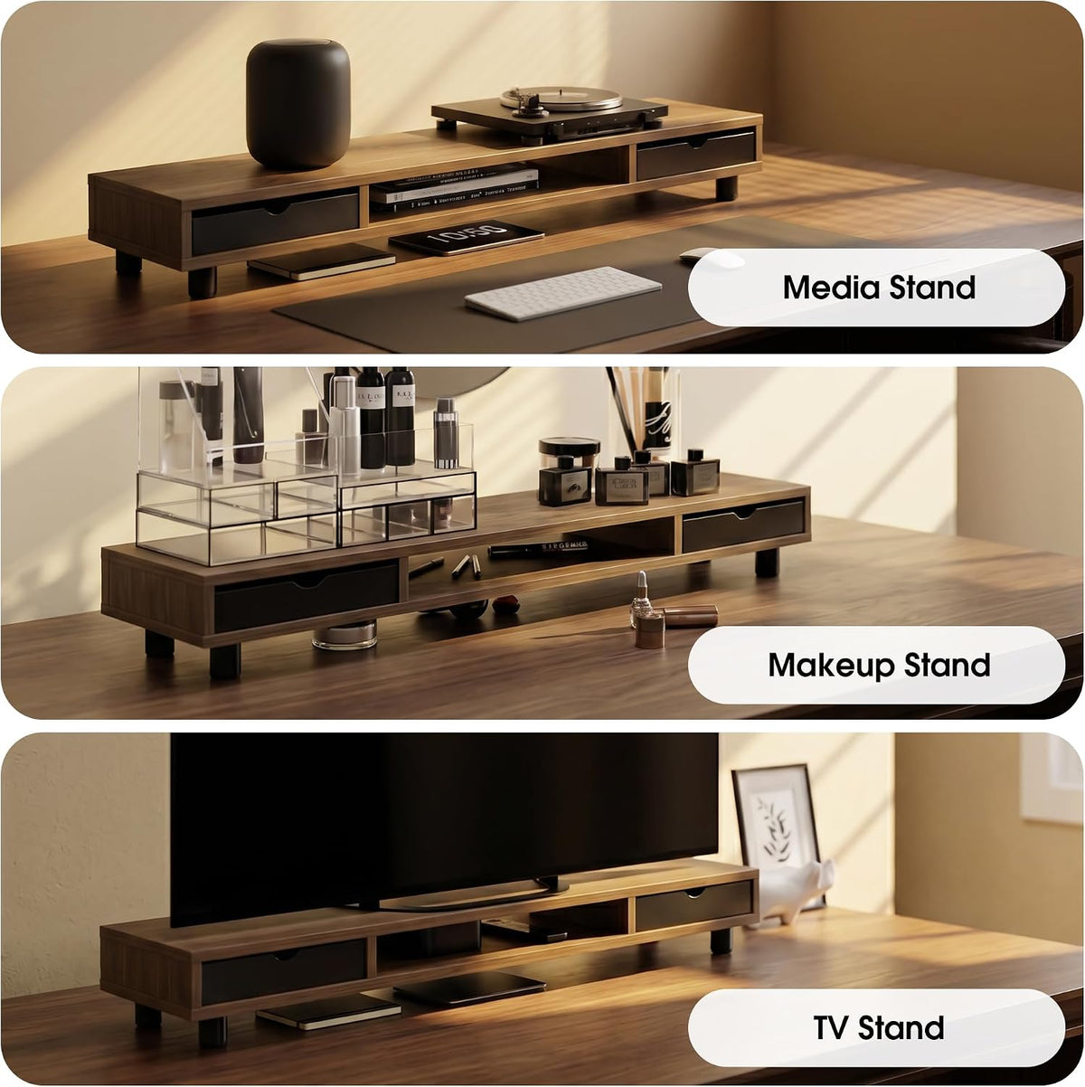Fenge Dual Monitor Riser with 2 Drawers, 42.5in Long Desk Shelf, Brown