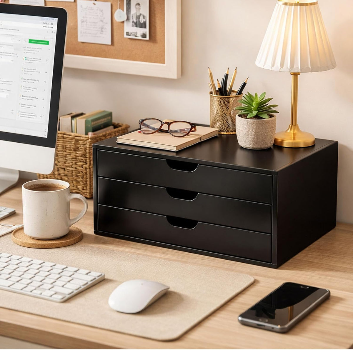 LitaEther Desk Organizer with 3 Drawers, ALEX Drawer Unit, Chic Black Wood Cosmetic Makeup Organizer for Office Vanity Tabletop Storage 13.8"X 6"X10.2"