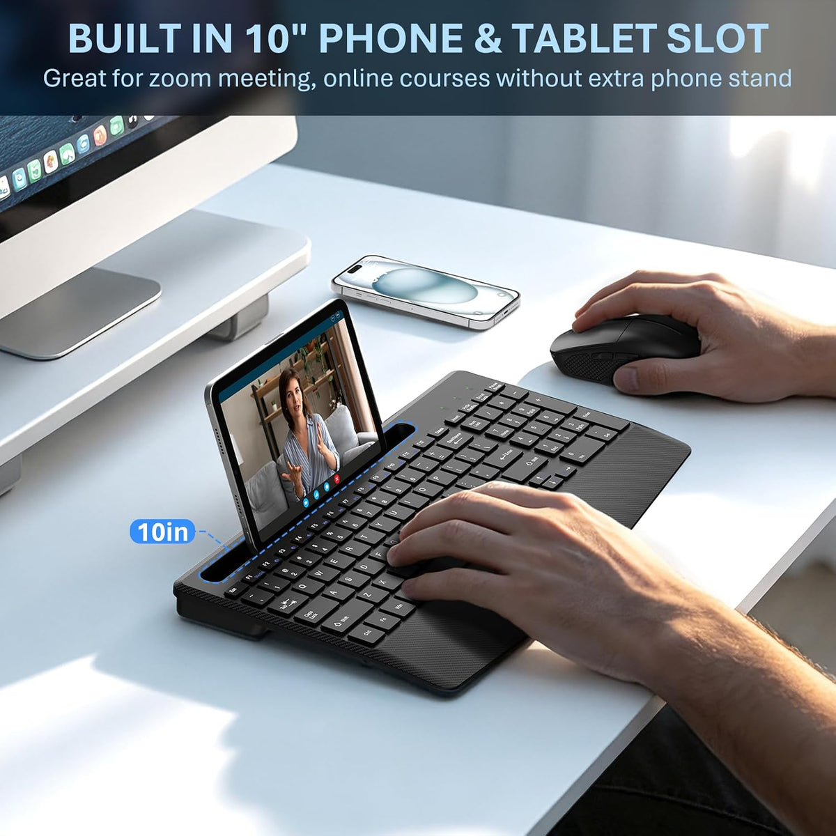 Rechargeable Silent Wireless Keyboard and Mouse Combo, Ergonomic Wrist Rest & Phone Tablet Holder, USB-C Adapter Included, 2.4G Lag-Free Cordless Set for Windows Mac Laptop PC Home Office (Black)