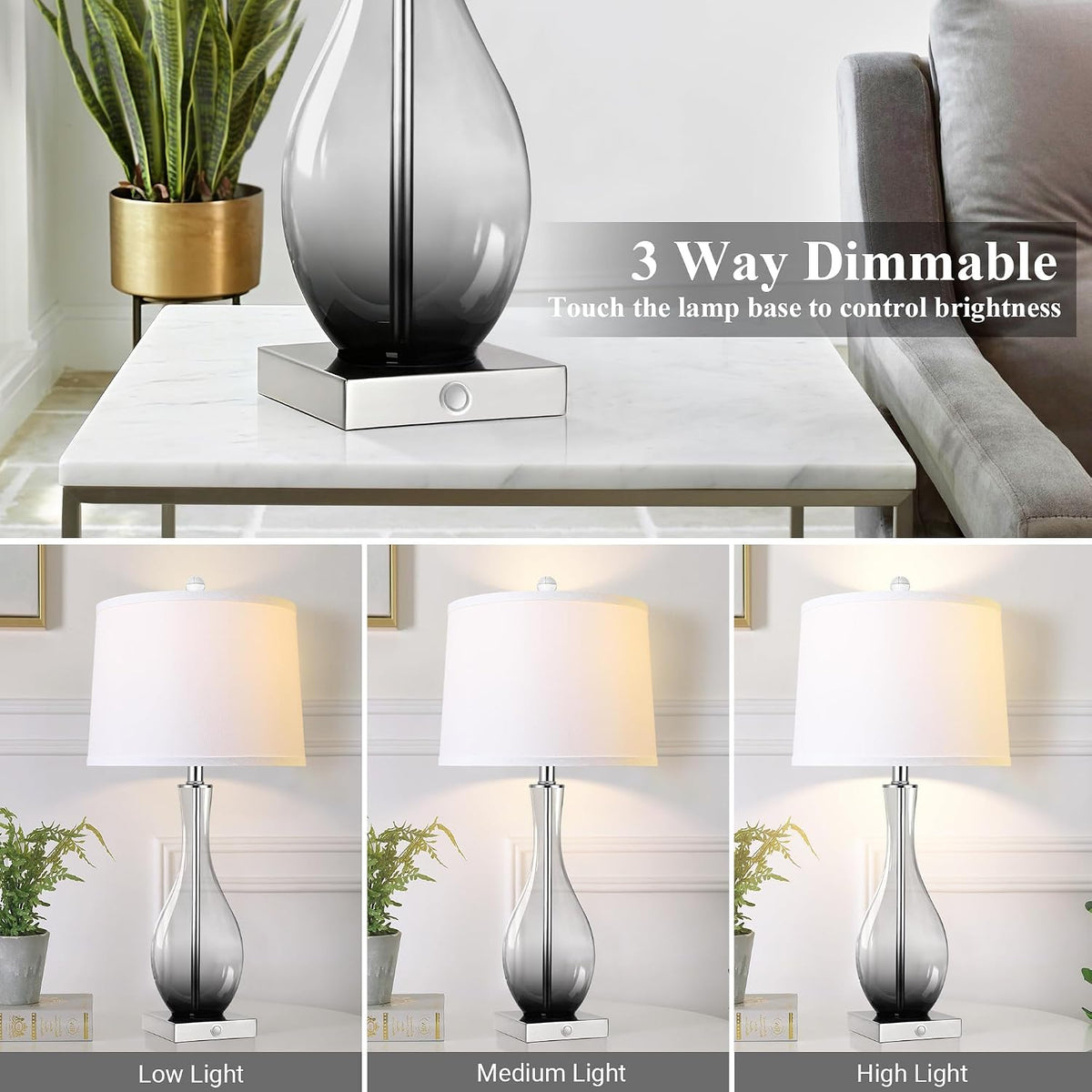 27" Glass Table Lamps with USB Ports, Touch Bedside Desk Lamps Set of 2