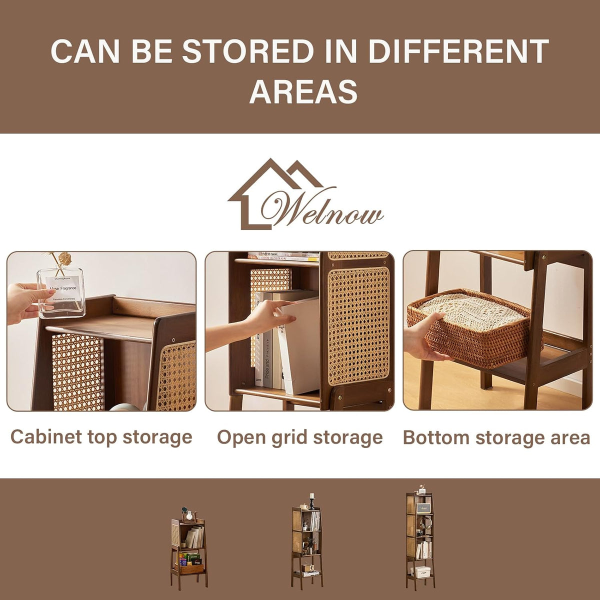 Welnow Bamboo Rattan Bookcase with Cabinet，4-Tier Wicker Bookshelf,Walnut