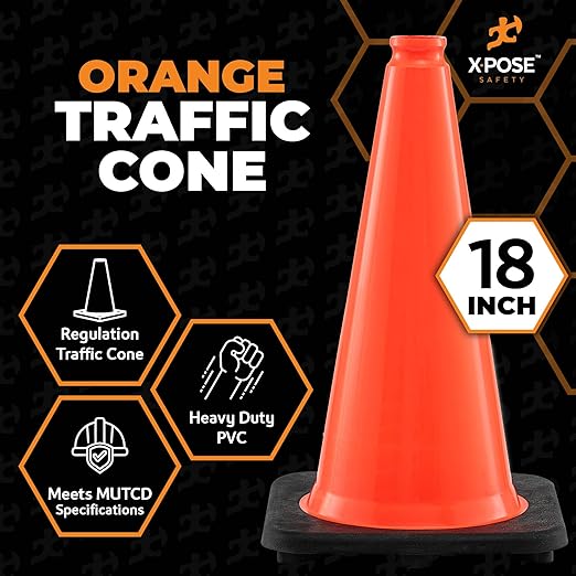 Xpose Safety 18 Inch Orange Traffic Cones, 48-Pack - Multipurpose PVC Plastic Safety Cone for Parking, Soccer, Caution, Kids and Construction - DOT Approved