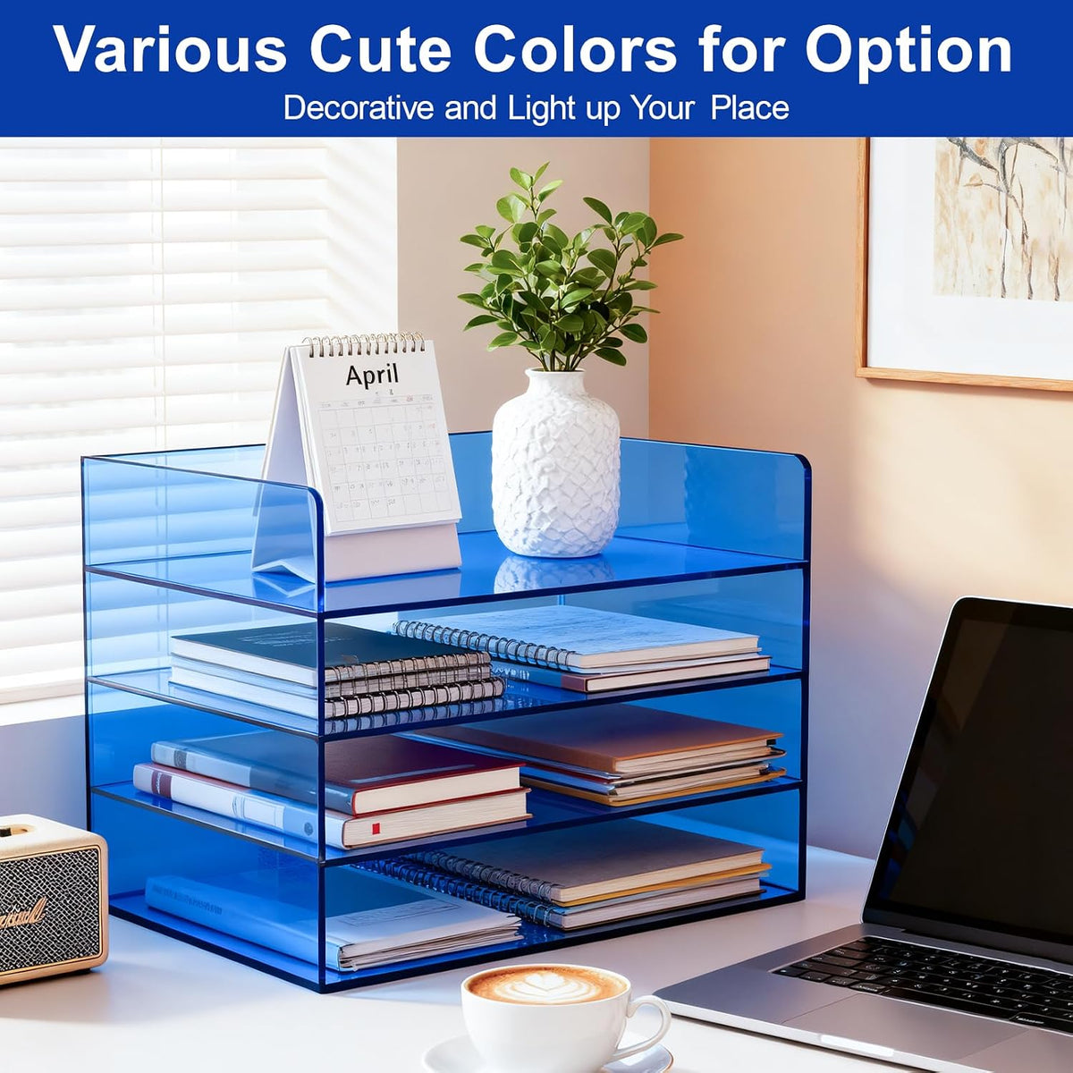 Gelite Acrylic File Organizer for Desk 4 Tiered Stackable Letter Tray Office Paper Storage Desktop Document Sorter, Blue