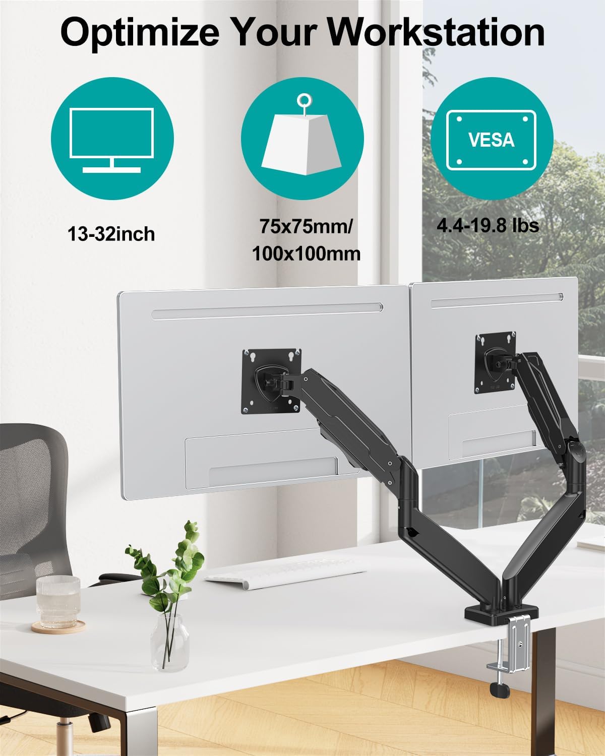 MOUNT PRO Dual Monitor Mount Fits 13 to 32 Inch Screen, Height Adjustable Monitor Stand for 2 Monitors, Full Motion Display Arm Holds up to 19.8lbs Each, Computer Desk VESA Mount, Black