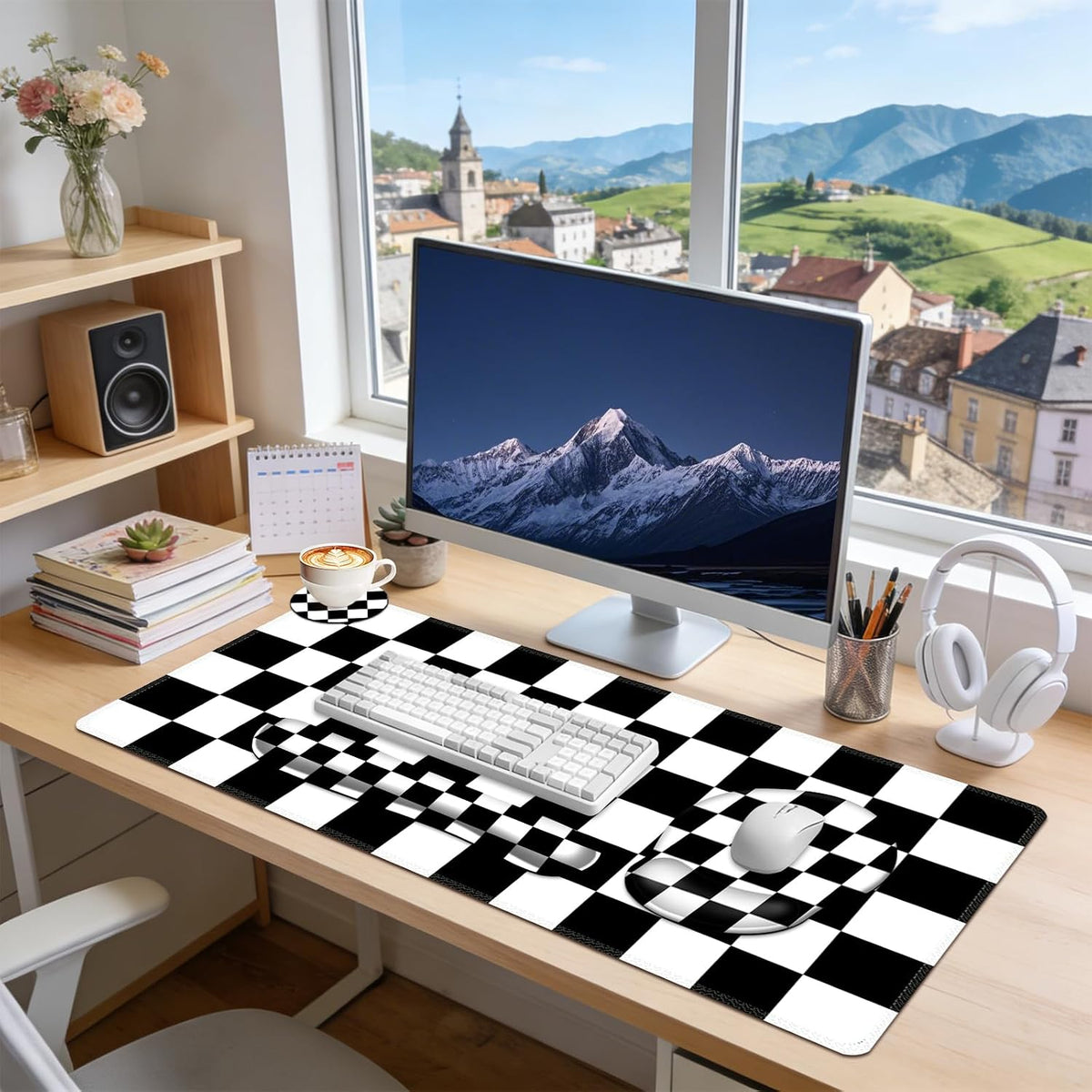 AIMSA Checkered Keyboard Mouse Pad Wrist Rest Set, Black XXL Large Mouse Pad for Desk Cover, Anti-Slip Big Ergonomic Mousepad Wrist Support for Keyboard and Mouse