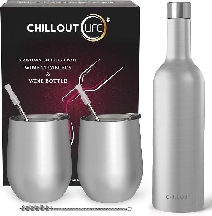 CHILLOUT LIFE 12 oz Stainless Steel Wine Tumblers 2 Pack & 1 Insulated Wine