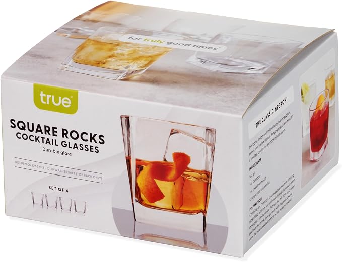 TRUE Square Rocks Glass, Old Fashioned Whiskey Glasses, Superb Drinking Cups