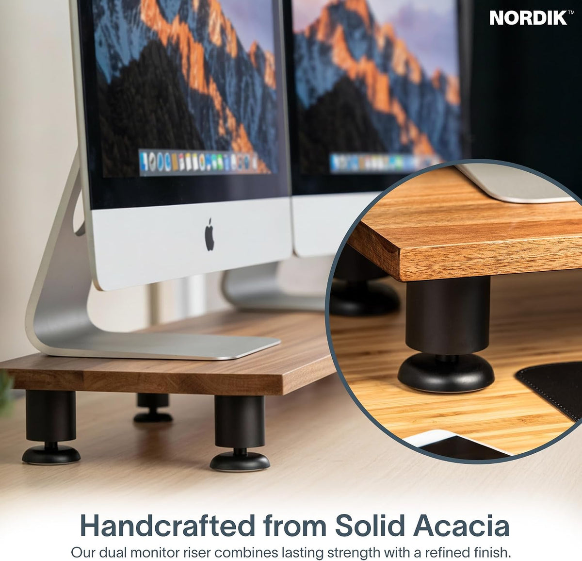 Nordik Dual Monitor Stand Riser -Hardwood Acacia Monitor Shelf 42x10.5 in