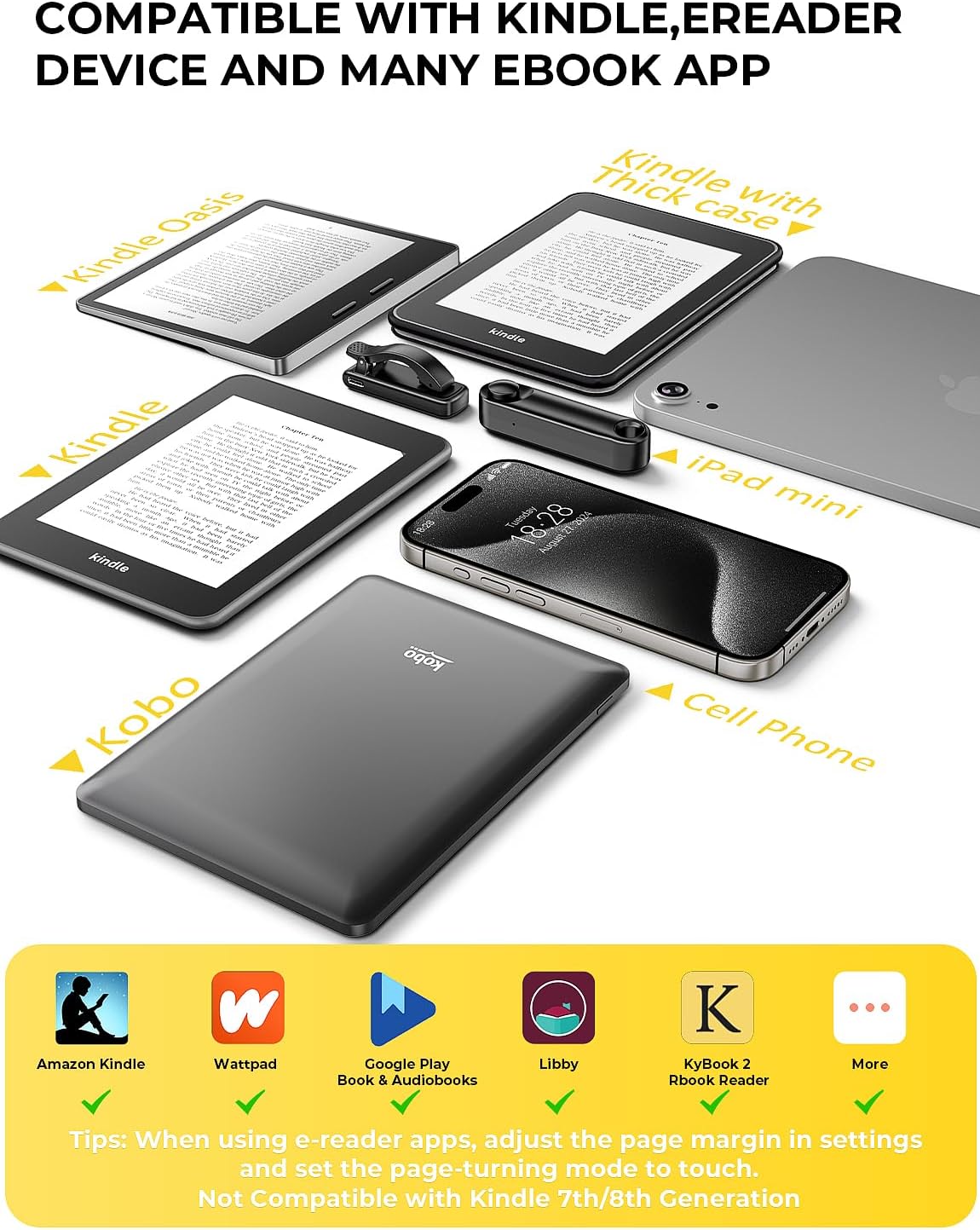 Gooseneck Kindle & Phone Holder with Page Turner Remote for Bed: Flexible Long Arm Clamp Mount for Hands-Free Reading, Bedside Desk Headboard Stand for 4.7–8.6" Devices