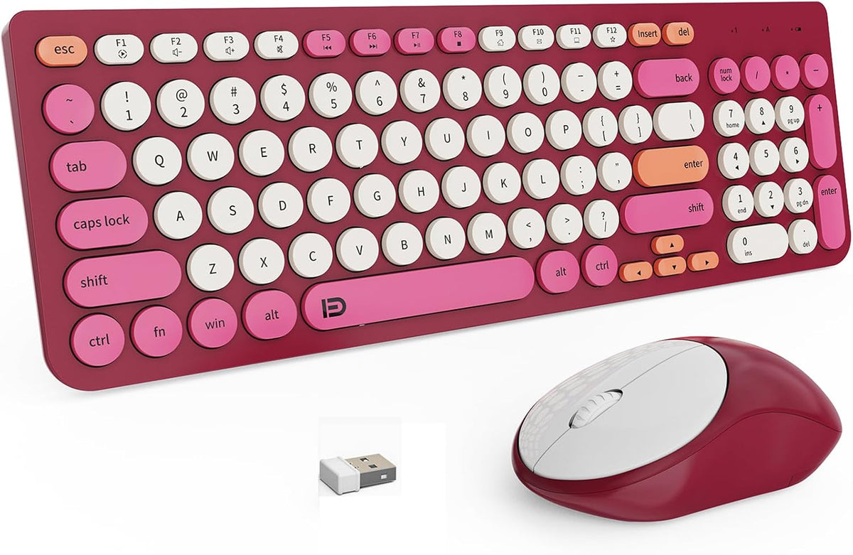 FD Wireless Keyboards and Mouse Combo - 2.4GHz USB Cordless, Cute Wireless Keyboard Round Keys, Quiet and Slim Set for Laptop, Computer, TV and Mac - Strawberry White Colorful