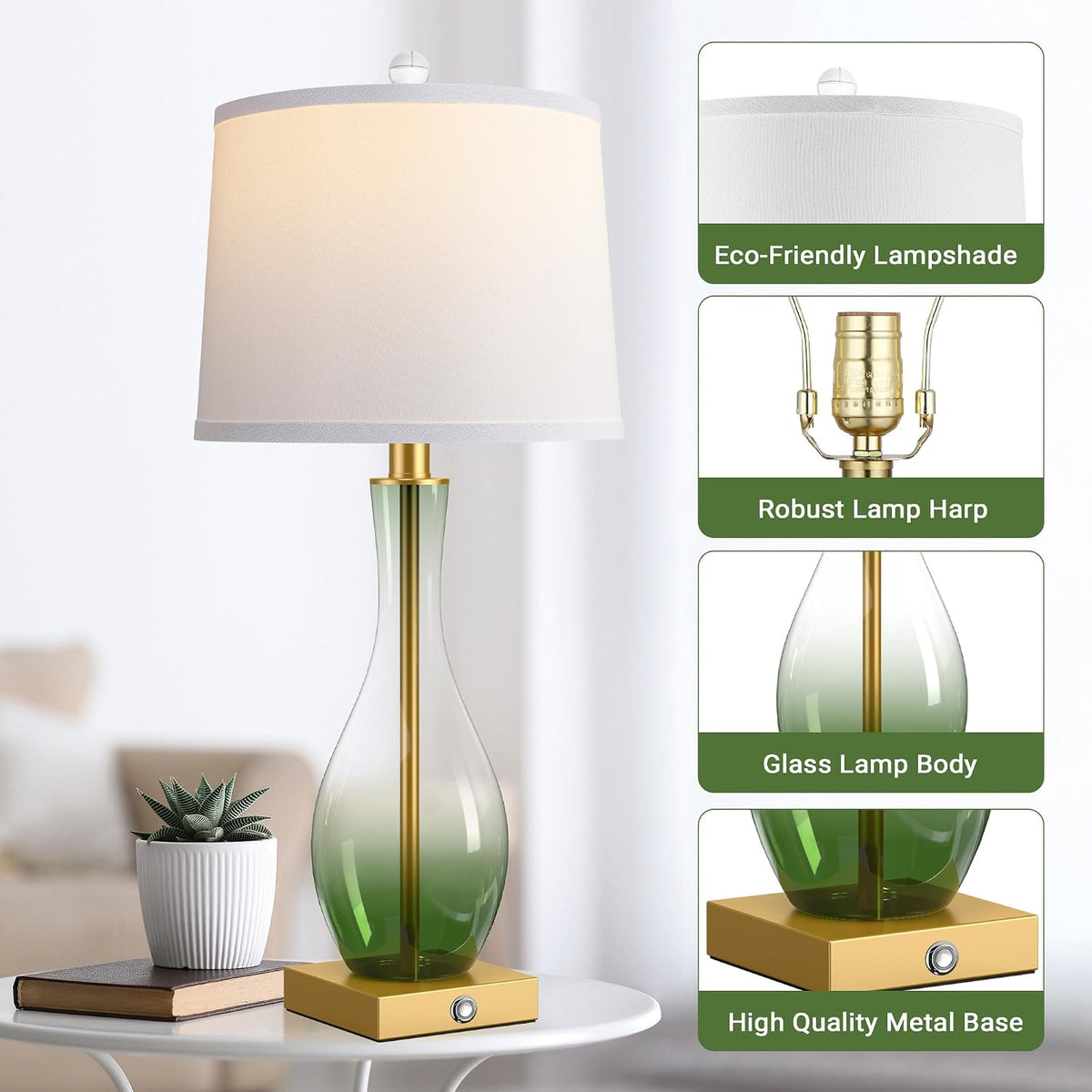 27" Glass Table Lamps Set of 2, Touch Dimming Nightstand Lamp with USB Port