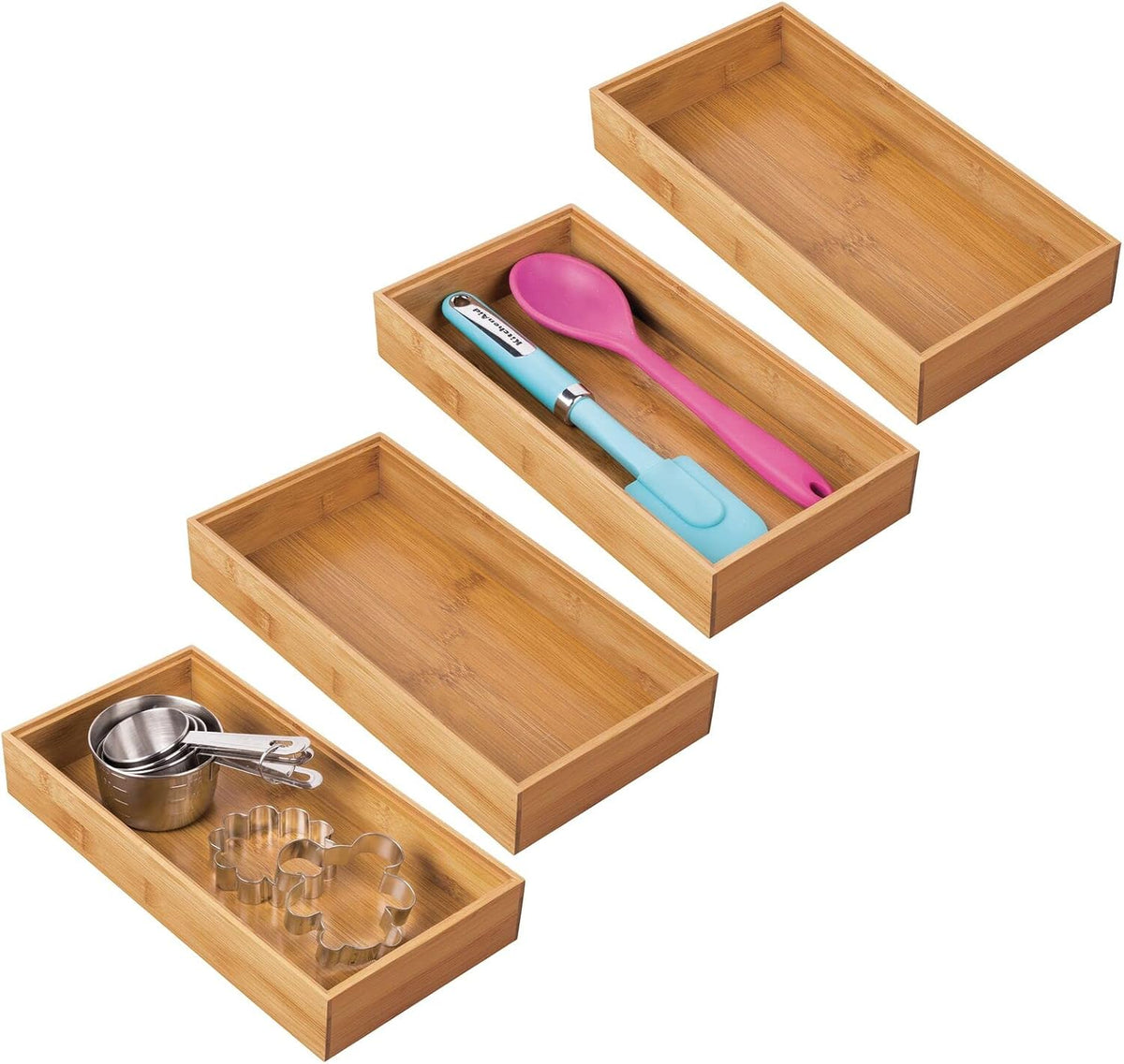 mDesign Wooden Bamboo Drawer Organizer - 12" Long Stackable Storage Box Tray for Kitchen Drawers/Cabinet - Utensil, Silverware, Spatula, and Flatware Holder - Echo Collection - 4 Pack, Natural Wood