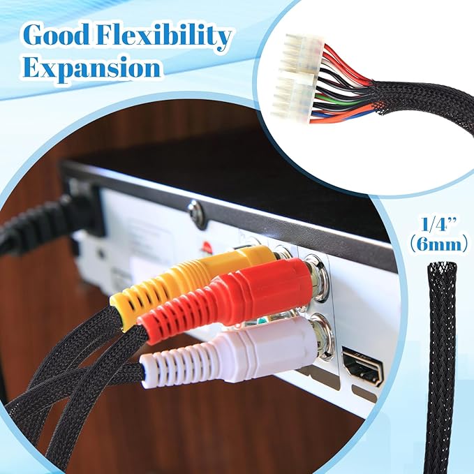 Pangda 75 Feet 1/4 Inch Wire Loom Pet Expandable Braided Sleeving Braided Sleeve for TV, Computer, Home Theater (Black)