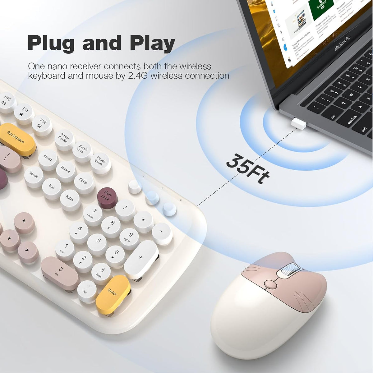 Wireless Keyboard and Mouse Combo for Windows, MOWUX 2.4G Full-Sized External Cordless Computer Keyboard, Compact Mouse, 8 Multimedia and Shortcut Keys, for PC, Laptop - Off White Colorful