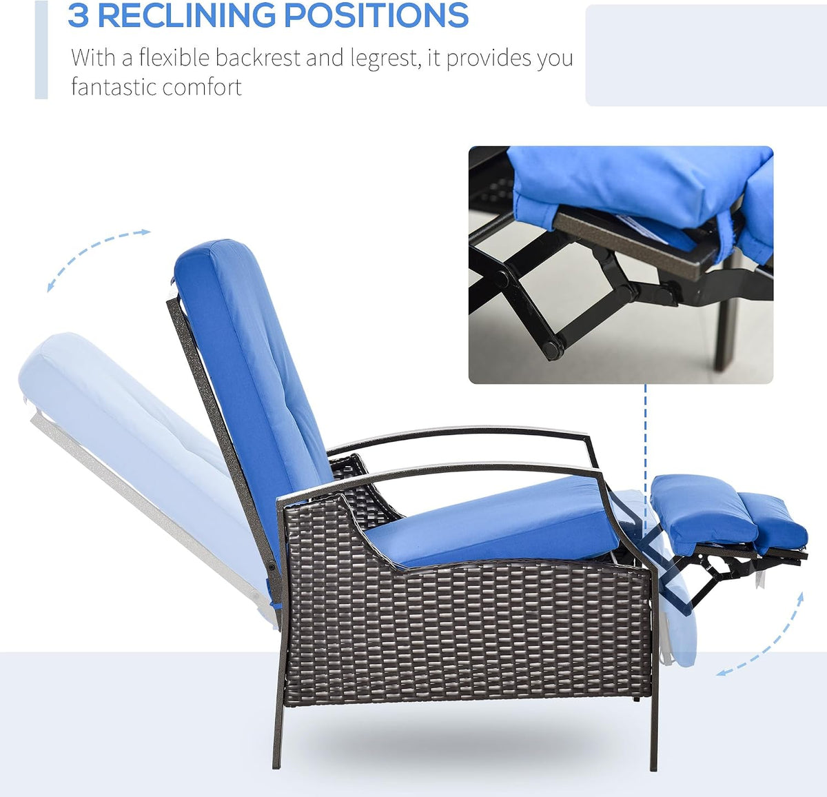 Outsunny Outdoor Recliner Chair, Reclining Patio Lounge Chair with Comfy Cushions, Footrest, Armrests, PE Wicker for Balcony, Porch, Blue