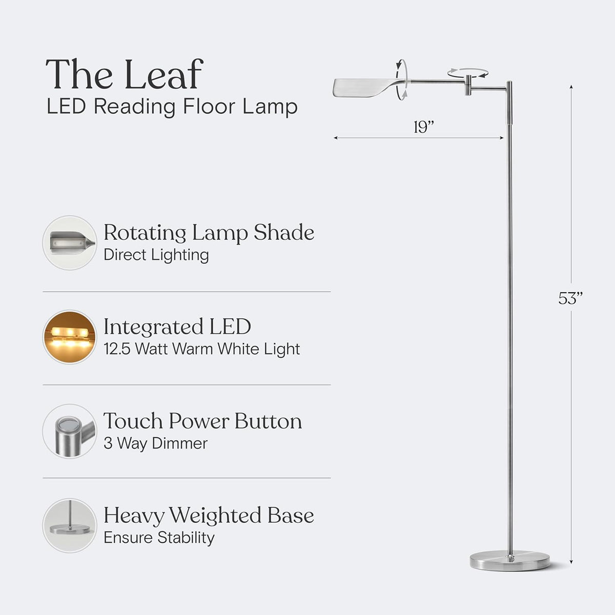 Brightech Leaf Pharmacy LED Reading Lamp, Dimmable Floor Lamp with Easy Adjustable Rotation Over Chair or Desk for Living Room, Work Light for Office, Modern Minimalist Home Decor - Platinum Silver