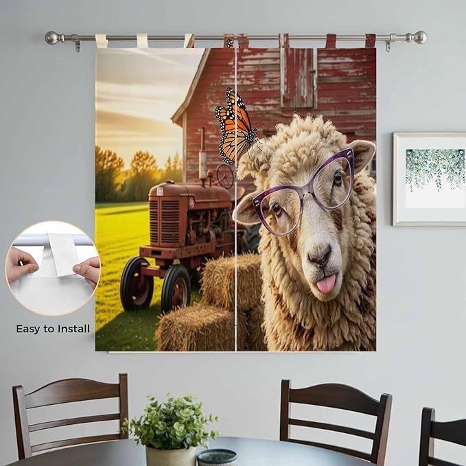 Farm Sheep Bathroom Curtains 63 Inch Length, Window Curtains Tab Top, Farmhouse