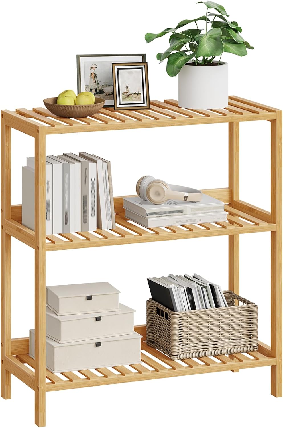 HOOBRO Bamboo Storage Shelf, 3-Tier Freestanding Shelving Unit, Multifunctional Storage Rack with Back Panel, 23.6 x 10.2 x 26 inches, for Bathroom, Living Room, Balcony, Kitchen, Natural YL94CJ01
