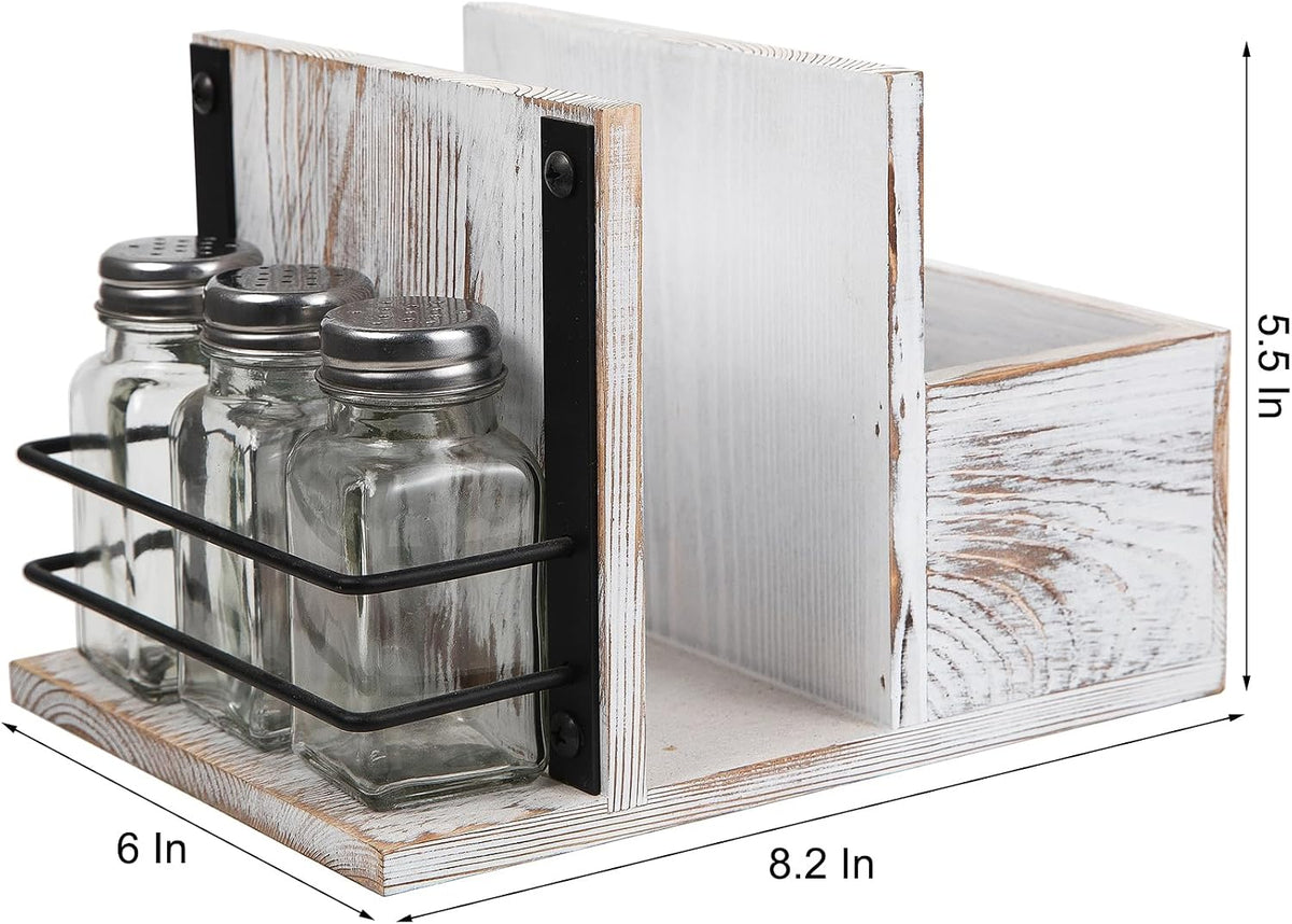 Rustic Whitewashed Wooden Kitchenware Organizer Napkin Utensil Spice Holders Table Seasoning Shakers Chalkboard Label Countertop Salt Pepper Caddy Wood Kitchen Dining Room Restaurant Café Home