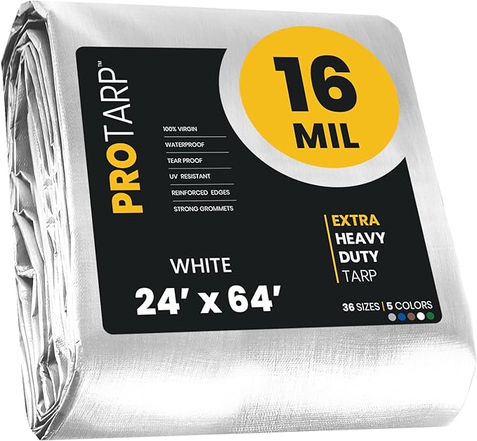 PROTARP Extra Heavy Duty 16 Mil Tarp Cover, Waterproof, UV Resistant, Rip and Tear Proof, Poly Tarpaulin with Reinforced Edges for Roof, Camping, Patio, Pool, Boat. (White 24′ X 64′)