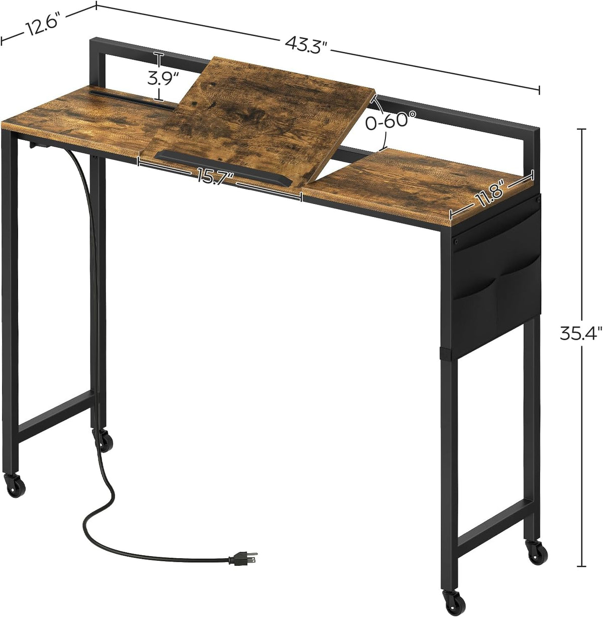 YATINEY Overbed Table with Wheels and Charging Station, 43.3" Recliner Table with Adjustable Stand and Storage, Chair Table for Sofa, Dormitory, Rustic Brown and Black SF03UBR