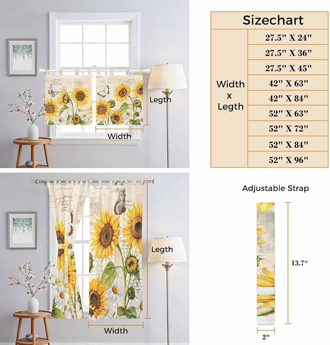 Yellow Sunflowers Kitchen Curtains 24 Inch Length, Small Window Curtains Tab Top