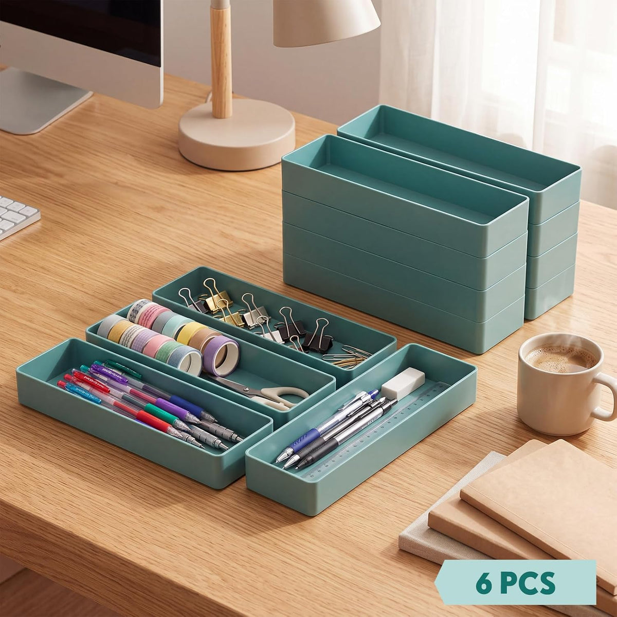 Teling 12 Pcs Sage Green Plastic Desk Drawer Organizer Pen Tray Shallow