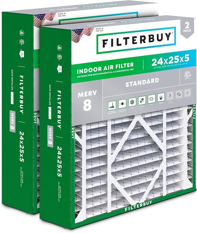 Filterbuy 24x25x5 Air Filter MERV 8 Essential Dust & Allergy Defense,