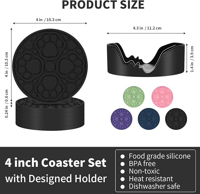 Black Silicone Coasters with Holder, 4 Inch Modern Non-Slip Drink Coasters Set