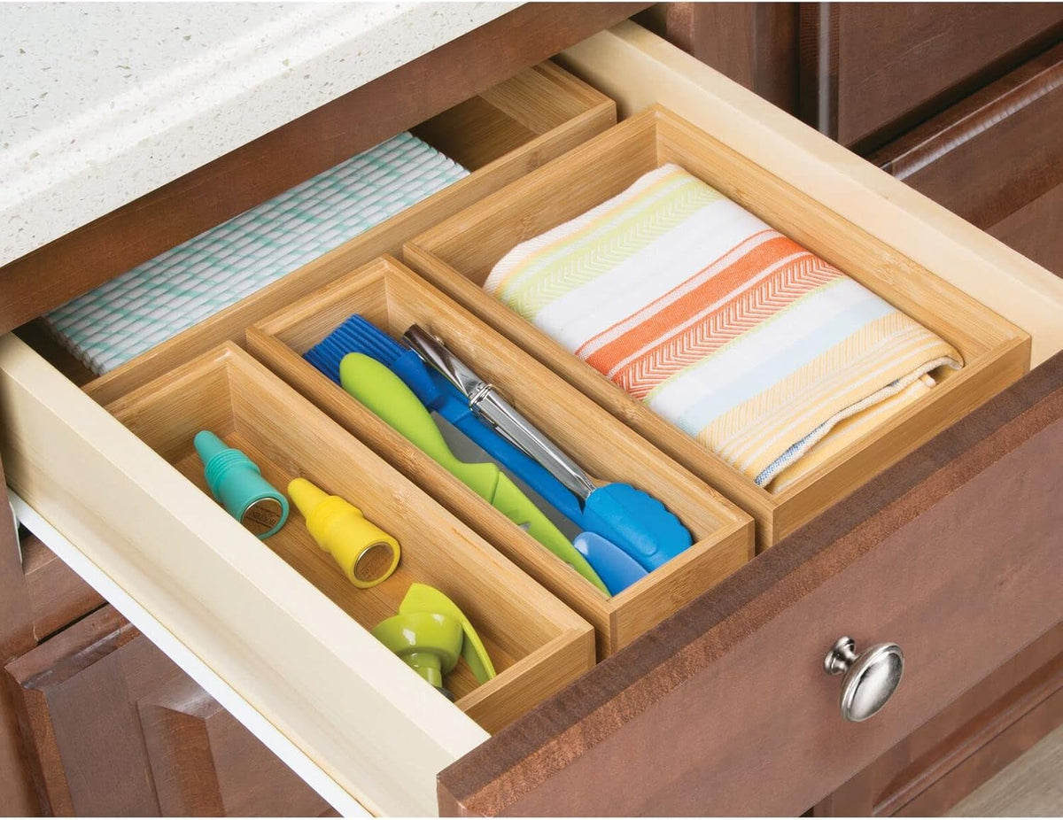 mDesign Wooden Bamboo Drawer Organizer - 12" Long Stackable Storage Box Tray for Kitchen Drawers/Cabinet - Utensil, Silverware, Spatula, and Flatware Holder - Echo Collection - 4 Pack, Natural Wood