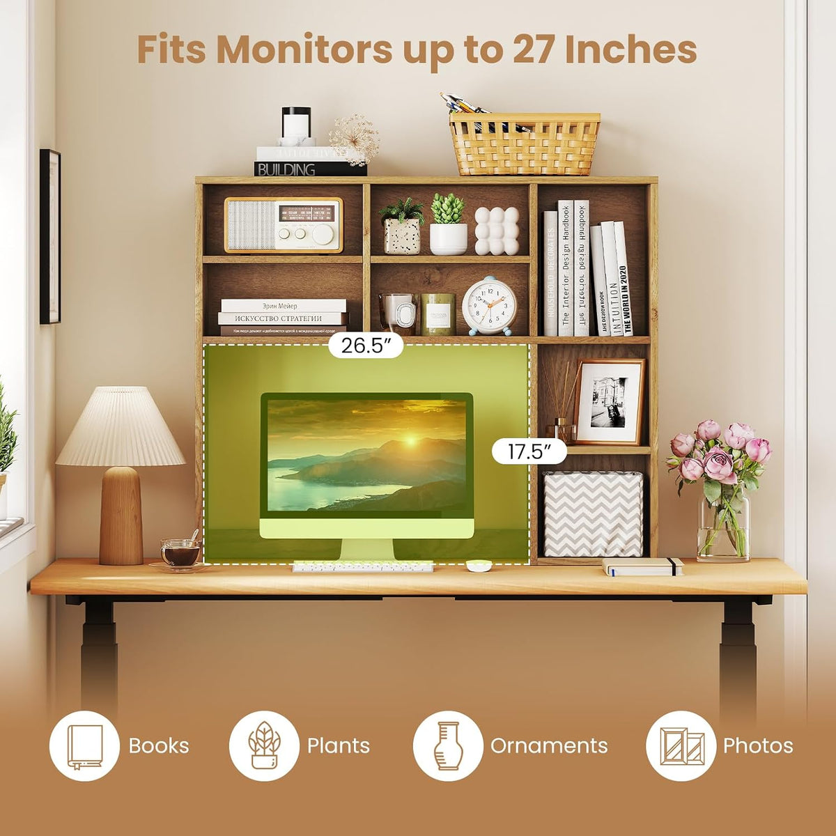 MAT EXPERT Wooden Desktop Bookshelf, Countertop Desk Hutch w/ 7 Cubes & Adjustable Shelves, Anti-toppling Kits, Table Top Organizer Shelf Fits Monitors up to 27” for Dorm, Office, Study (Natural)